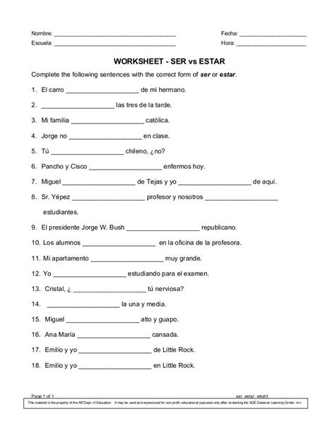 ser vs. estar worksheet and answer key pdf